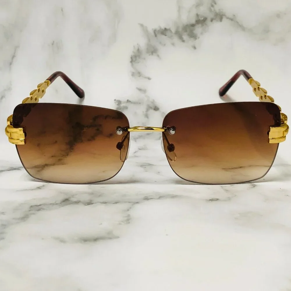 Men Sunglasses‎ Brown Lens Rimless Luxury Retro Shades Gold Metal Lentes Gafas